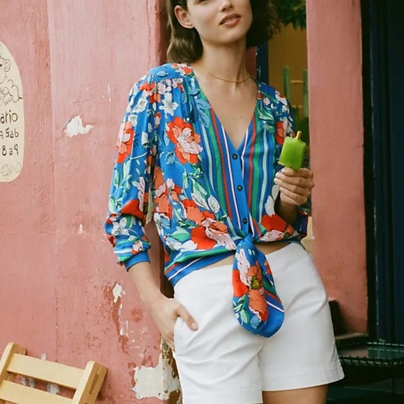 Anthropologie Tops - Anthropologie Blue and Orange Floral Blouse
